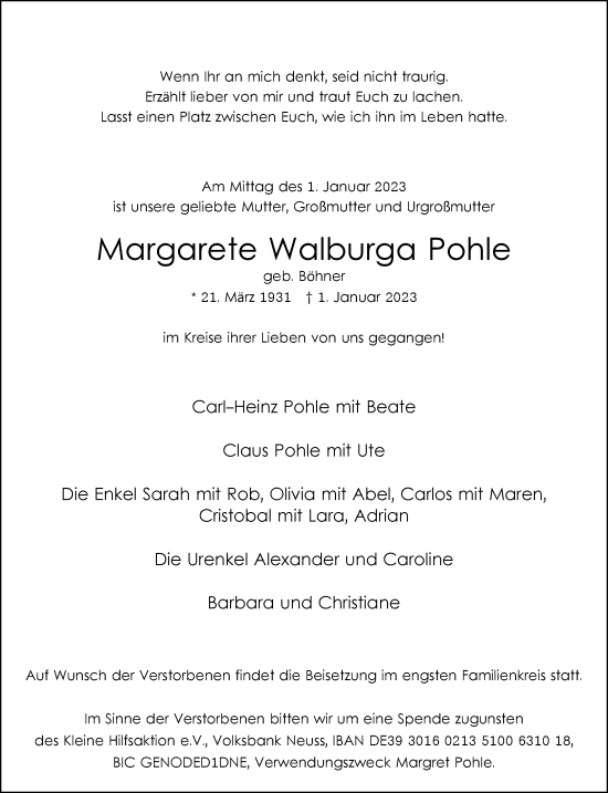 Traueranzeige von Margarete Walburga Pohle von Rheinische Post