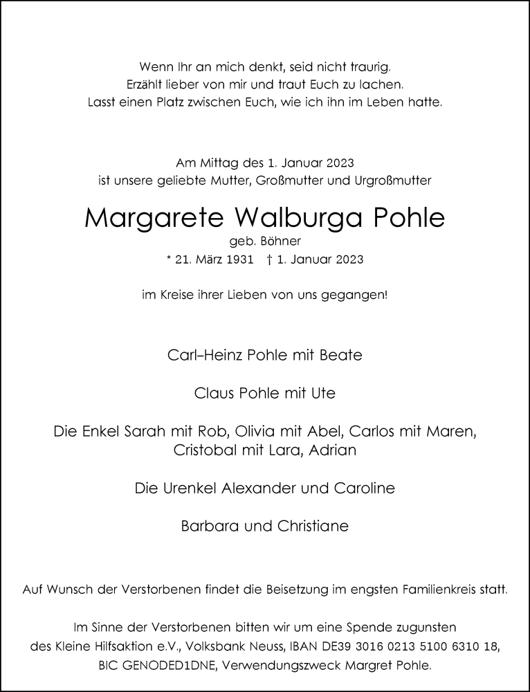  Traueranzeige für Margarete Walburga Pohle vom 21.01.2023 aus Rheinische Post