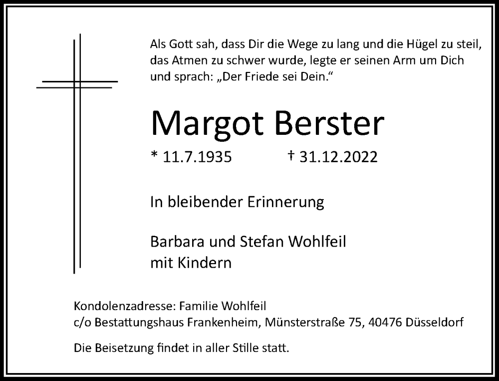  Traueranzeige für Margot Berster vom 07.01.2023 aus Rheinische Post