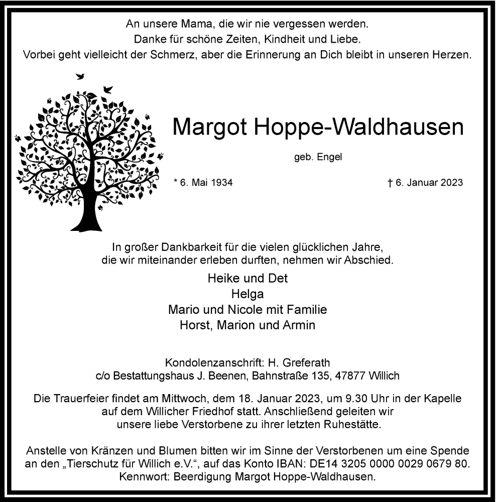  Traueranzeige für Margot Hoppe-Waldhausen vom 14.01.2023 aus Rheinische Post