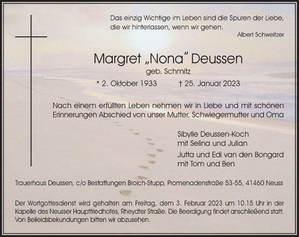  Traueranzeige für Margret Deussen vom 28.01.2023 aus Rheinische Post