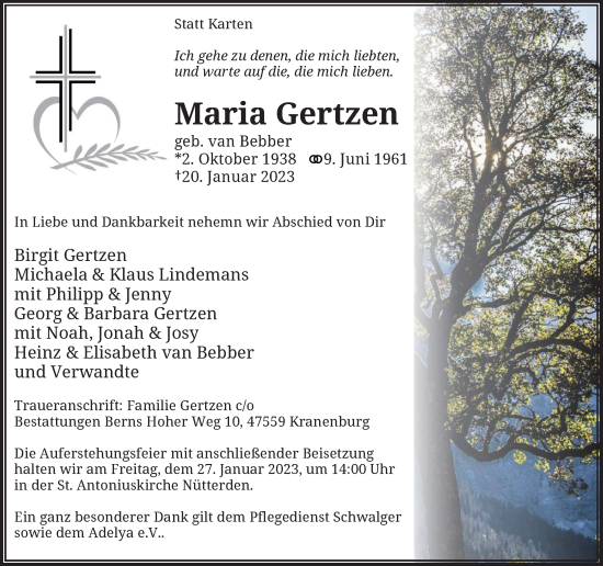 Traueranzeige von Maria Gertzen von Rheinische Post