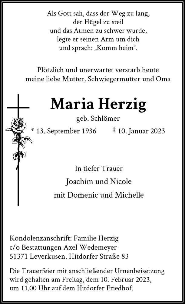  Traueranzeige für Maria Herzig vom 21.01.2023 aus Rheinische Post