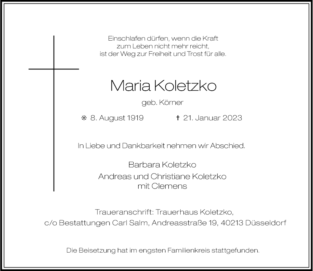  Traueranzeige für Maria Koletzko vom 04.02.2023 aus Rheinische Post
