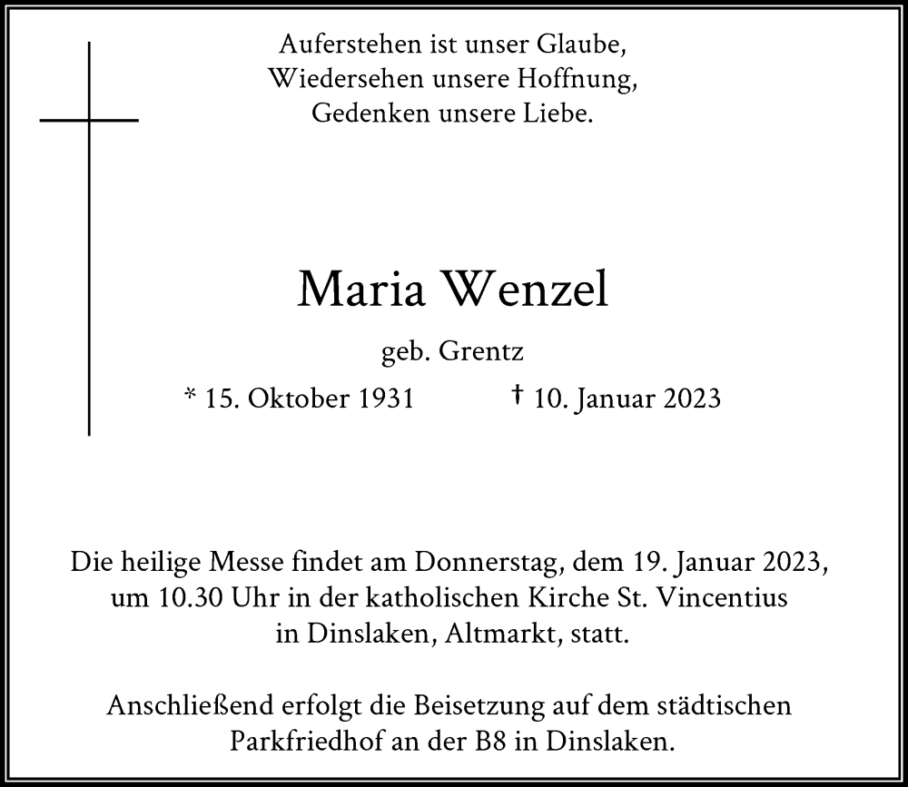  Traueranzeige für Maria Wenzel vom 16.01.2023 aus Rheinische Post