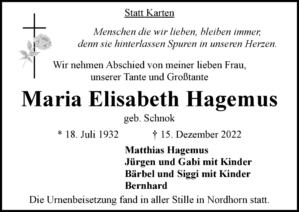  Traueranzeige für Maria Elisabeth Hagemus vom 24.01.2023 aus Rheinische Post