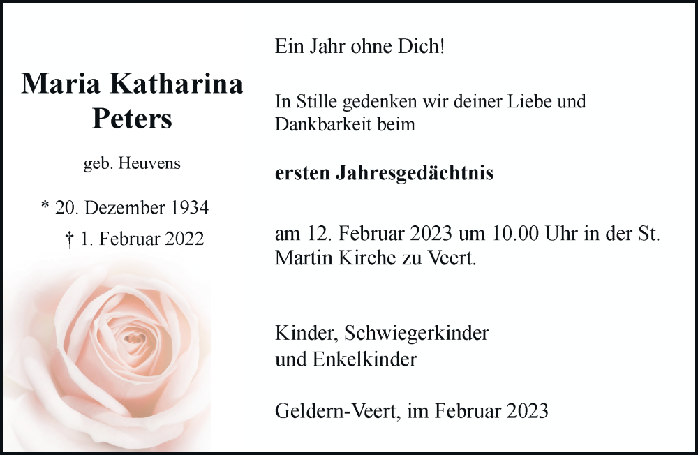  Traueranzeige für Maria Katharina Peters vom 04.02.2023 aus Rheinische Post