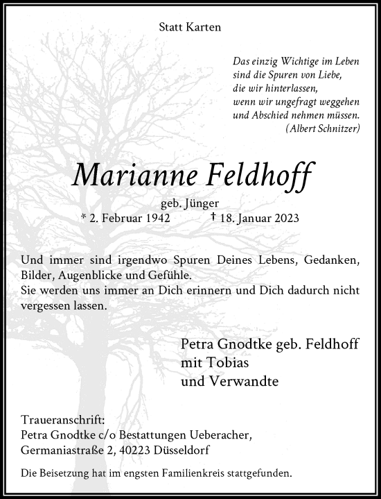 Traueranzeige von Marianne Feldhoff von Rheinische Post