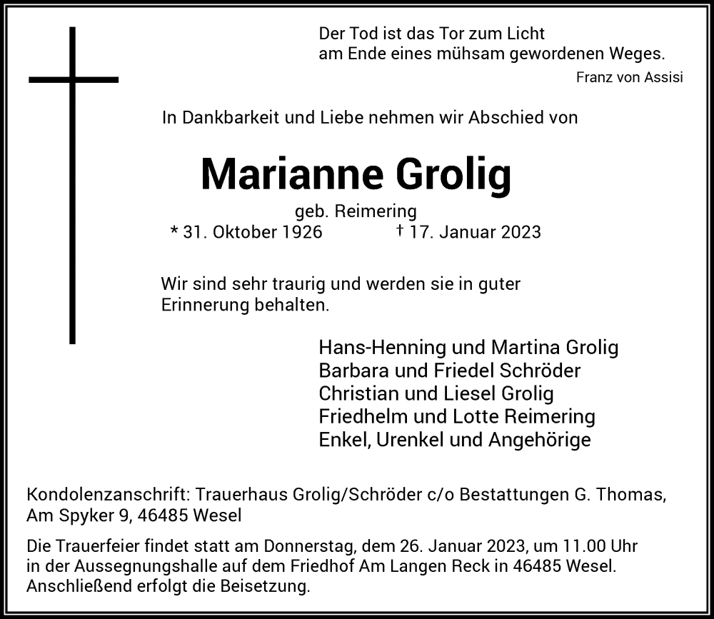  Traueranzeige für Marianne Grolig vom 24.01.2023 aus Rheinische Post