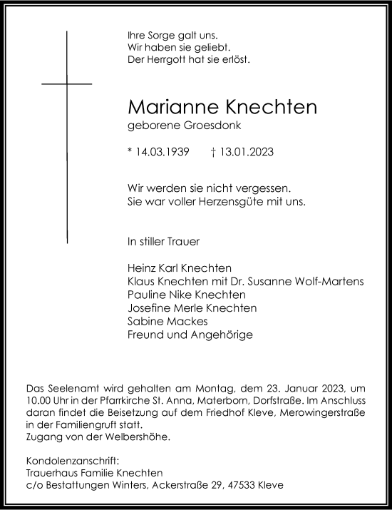 Traueranzeige von Marianne Knechten von Rheinische Post