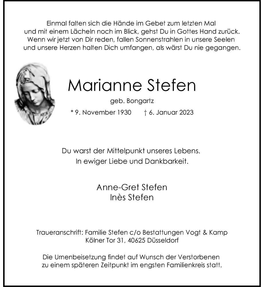  Traueranzeige für Marianne Stefen vom 21.01.2023 aus Rheinische Post