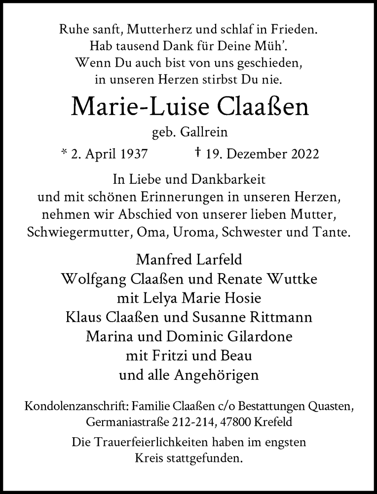  Traueranzeige für Marie-Luise Claaßen vom 14.01.2023 aus Rheinische Post