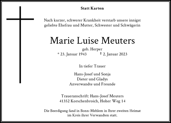 Traueranzeige von Marie Luise Meuters von Rheinische Post