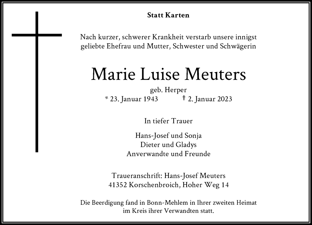  Traueranzeige für Marie Luise Meuters vom 21.01.2023 aus Rheinische Post