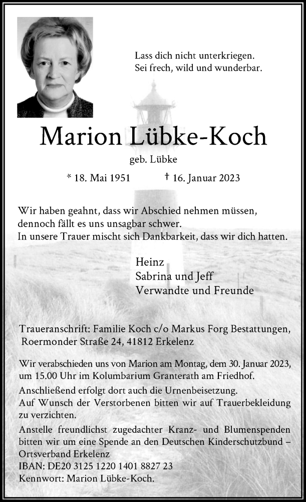  Traueranzeige für Marion Lübke-Koch vom 21.01.2023 aus Rheinische Post