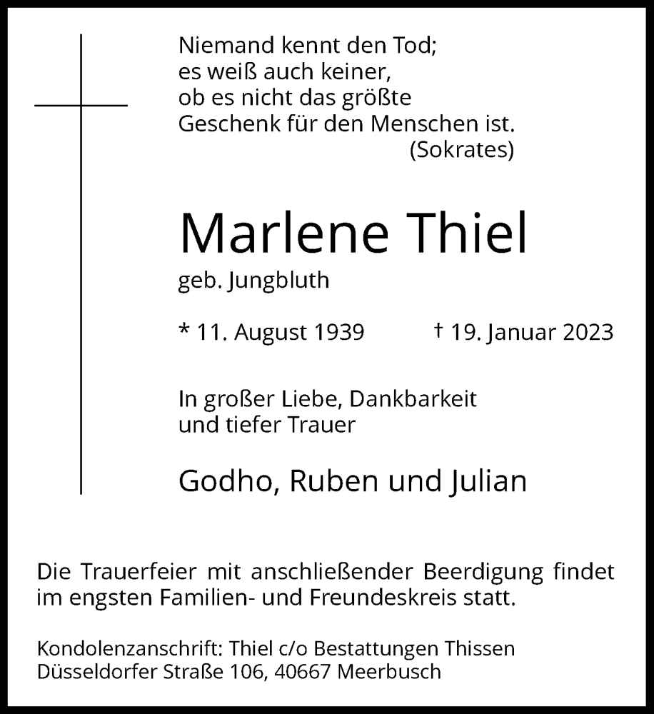  Traueranzeige für Marlene Thiel vom 23.01.2023 aus Rheinische Post