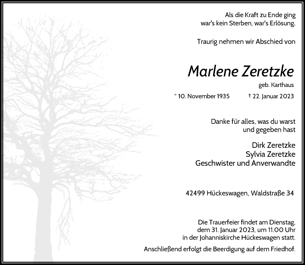  Traueranzeige für Marlene Zeretzke vom 28.01.2023 aus Rheinische Post