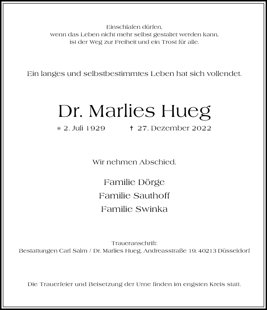  Traueranzeige für Marlies Hueg vom 21.01.2023 aus Rheinische Post