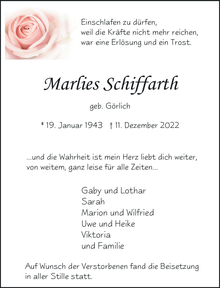  Traueranzeige für Marlies Schiffarth vom 28.01.2023 aus Rheinische Post