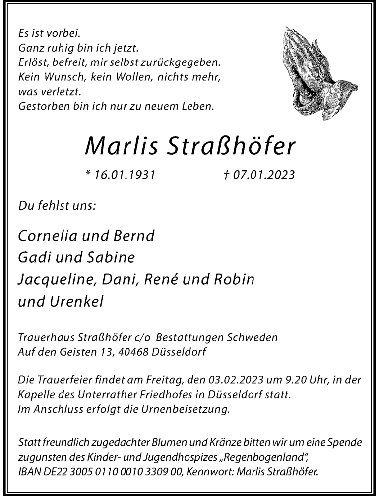  Traueranzeige für Marlis Straßhöfer vom 21.01.2023 aus Rheinische Post