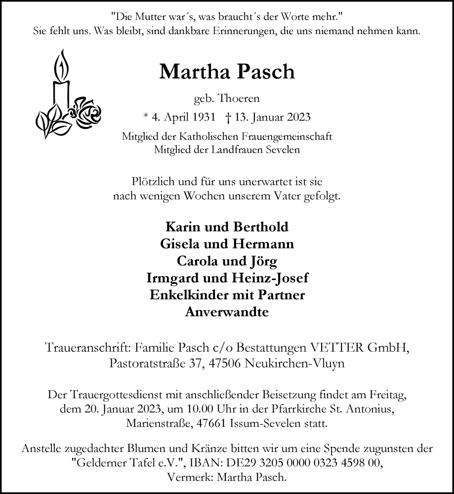  Traueranzeige für Martha Pasch vom 17.01.2023 aus Rheinische Post