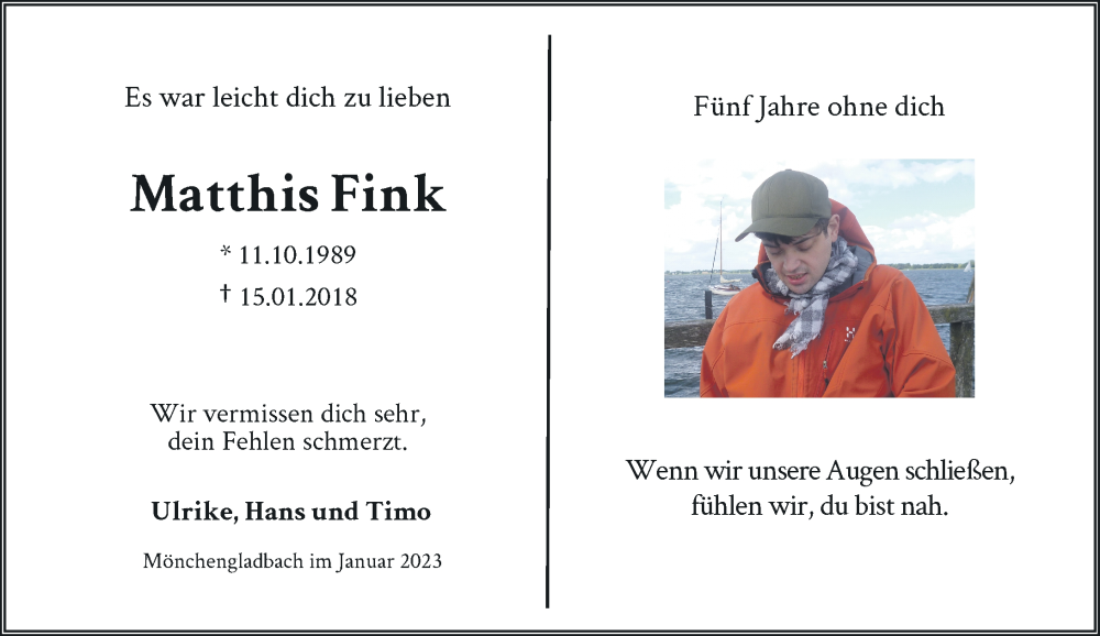  Traueranzeige für Matthis Fink vom 14.01.2023 aus Rheinische Post