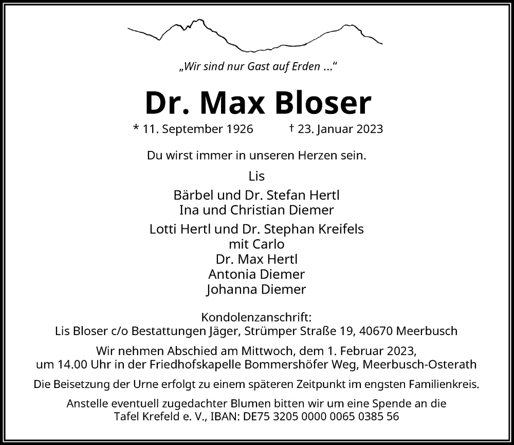  Traueranzeige für Max Bloser vom 28.01.2023 aus Rheinische Post