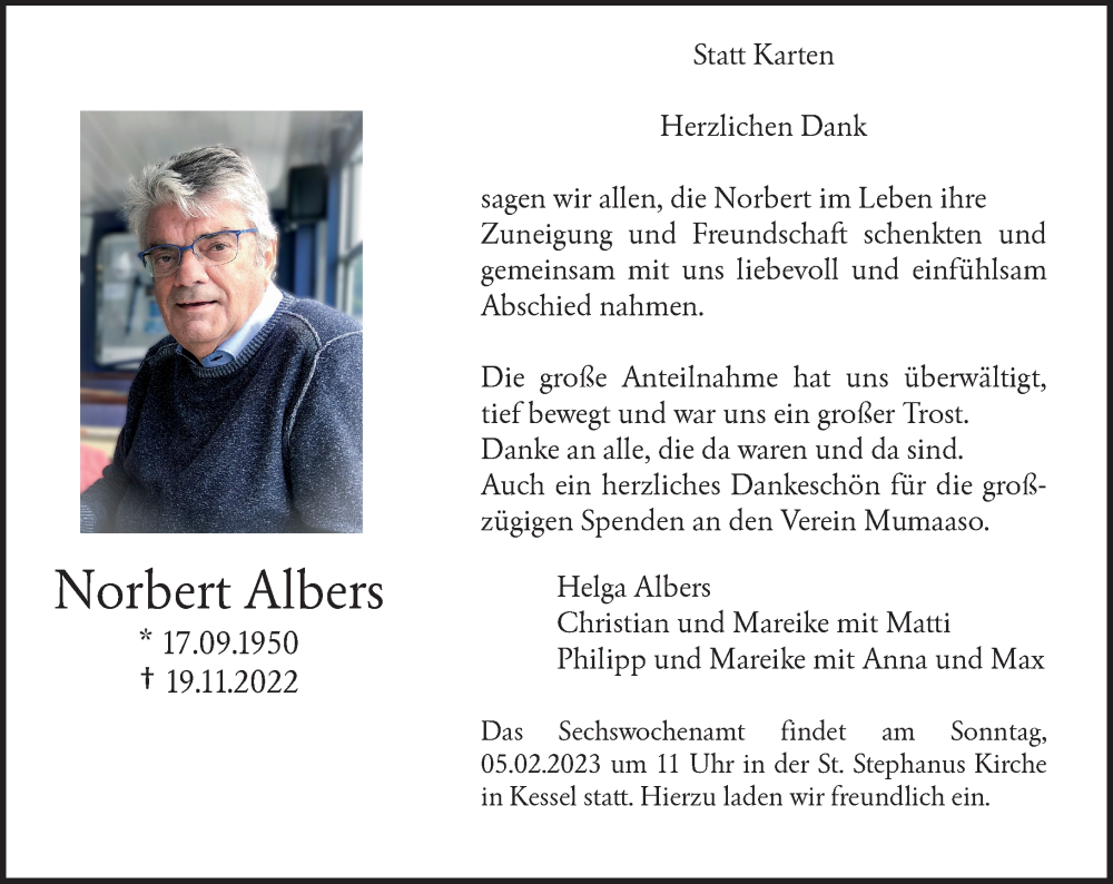  Traueranzeige für Norbert Albers vom 28.01.2023 aus Rheinische Post