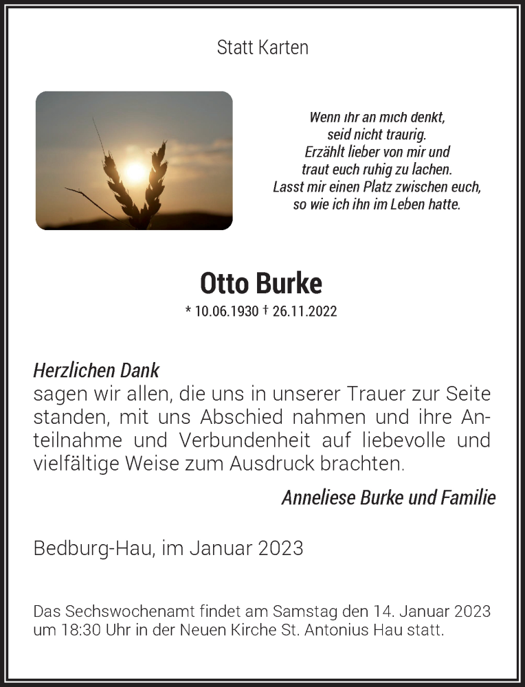  Traueranzeige für Otto Burke vom 07.01.2023 aus Rheinische Post