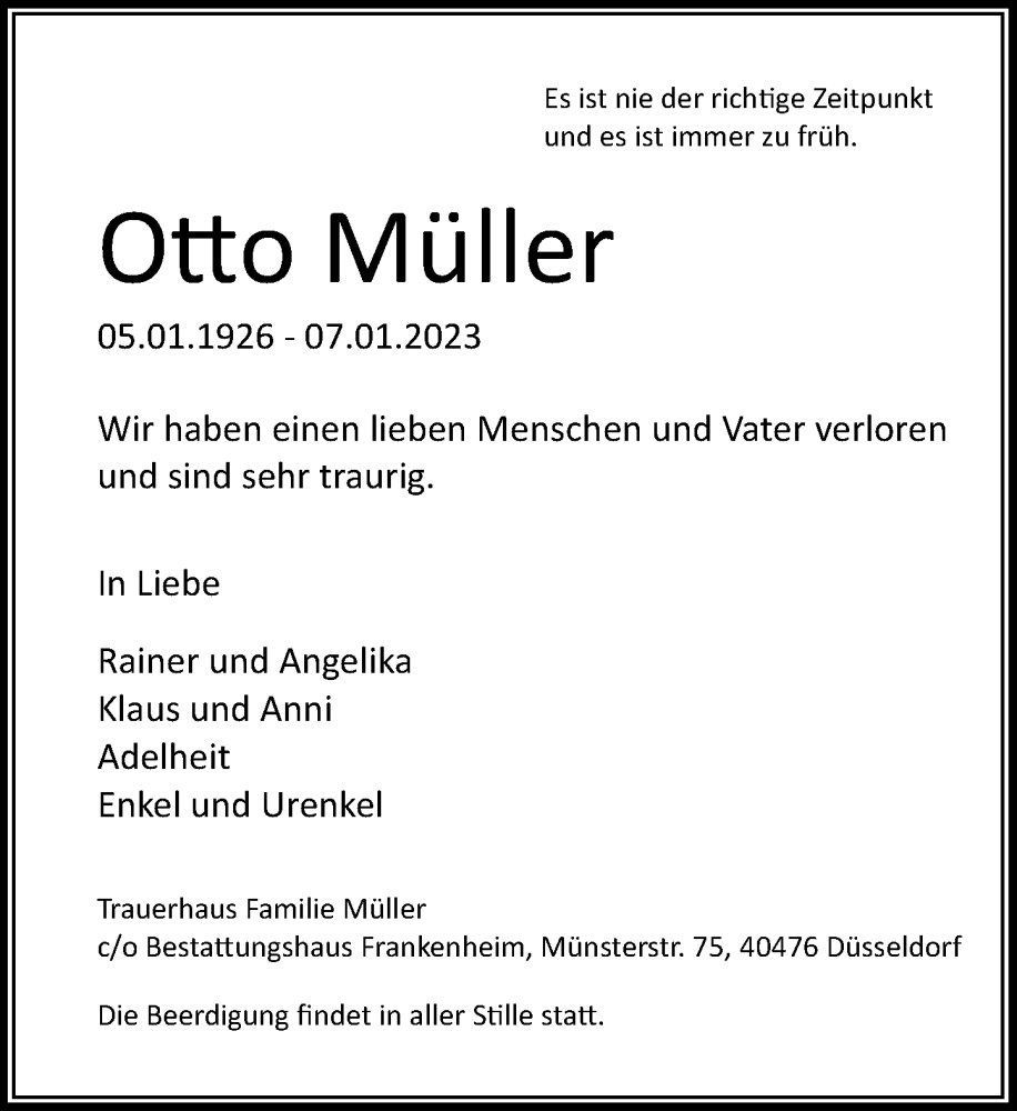  Traueranzeige für Otto Müller vom 14.01.2023 aus Rheinische Post