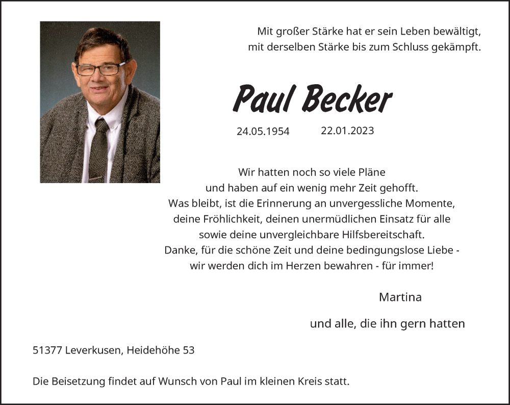  Traueranzeige für Paul Becker vom 28.01.2023 aus Rheinische Post