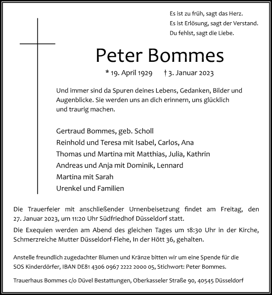 Traueranzeige von Peter Bommes von Rheinische Post