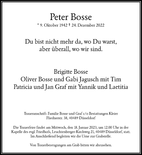 Traueranzeige von Peter Bosse von Rheinische Post