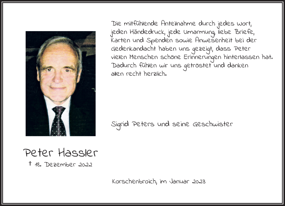  Traueranzeige für Peter Hassler vom 04.02.2023 aus Rheinische Post