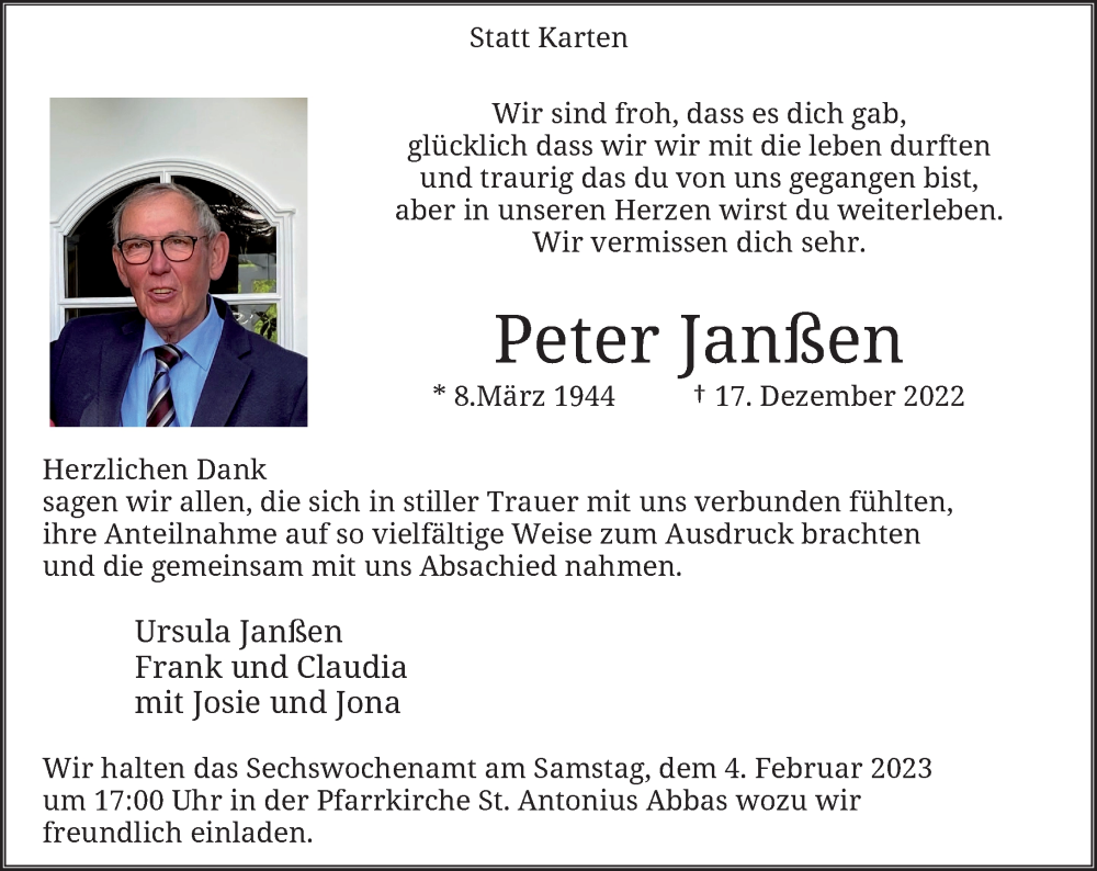  Traueranzeige für Peter Janßen vom 31.01.2023 aus Rheinische Post