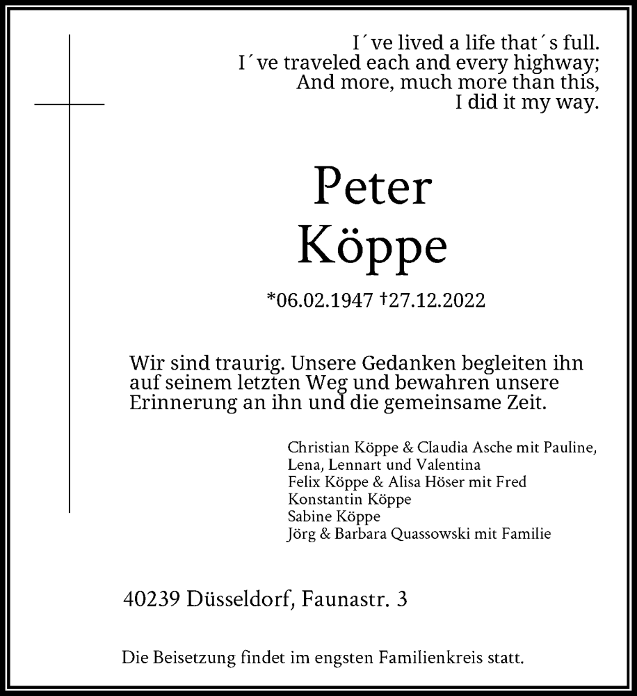 Traueranzeige für Peter Köppe vom 28.01.2023 aus Rheinische Post