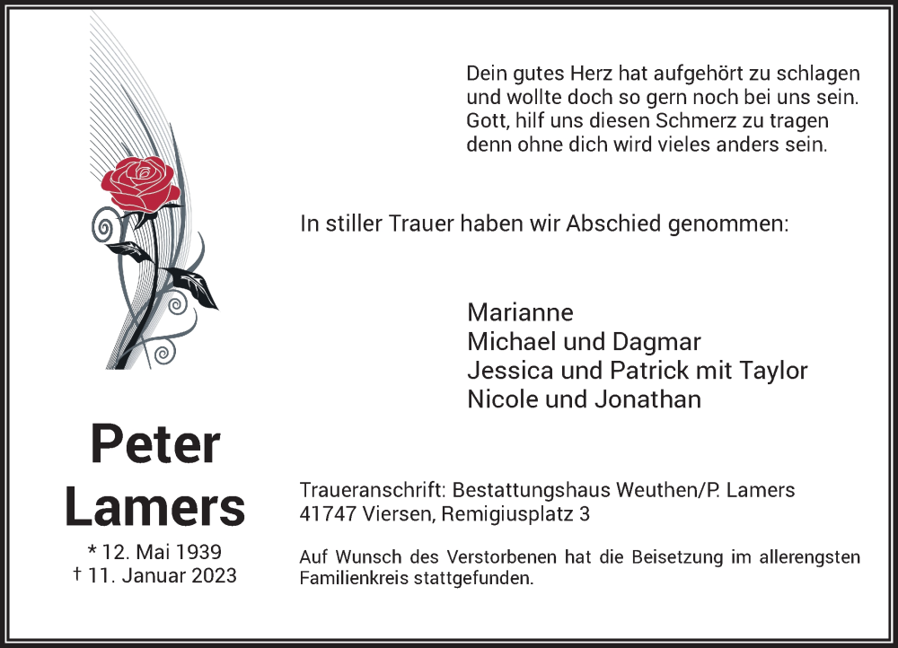  Traueranzeige für Peter Lamers vom 28.01.2023 aus Rheinische Post