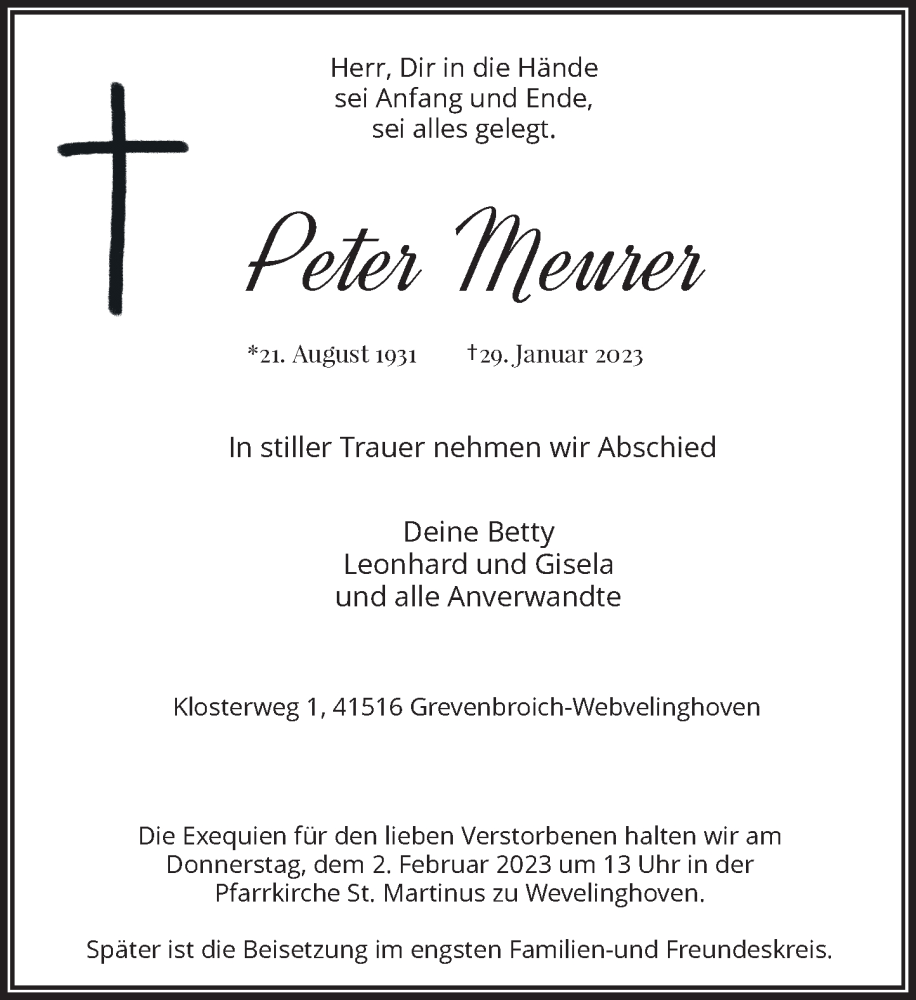 Traueranzeige für Peter Meurer vom 31.01.2023 aus Rheinische Post