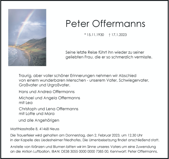 Traueranzeige von Peter Offermanns von Rheinische Post