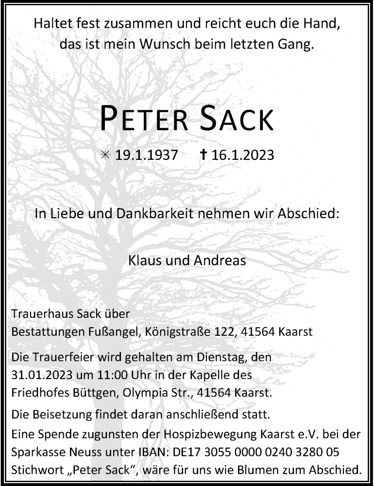  Traueranzeige für Peter Sack vom 21.01.2023 aus Rheinische Post