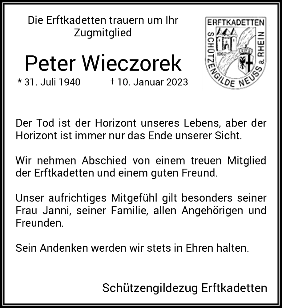  Traueranzeige für Peter Wieczorek vom 28.01.2023 aus Rheinische Post