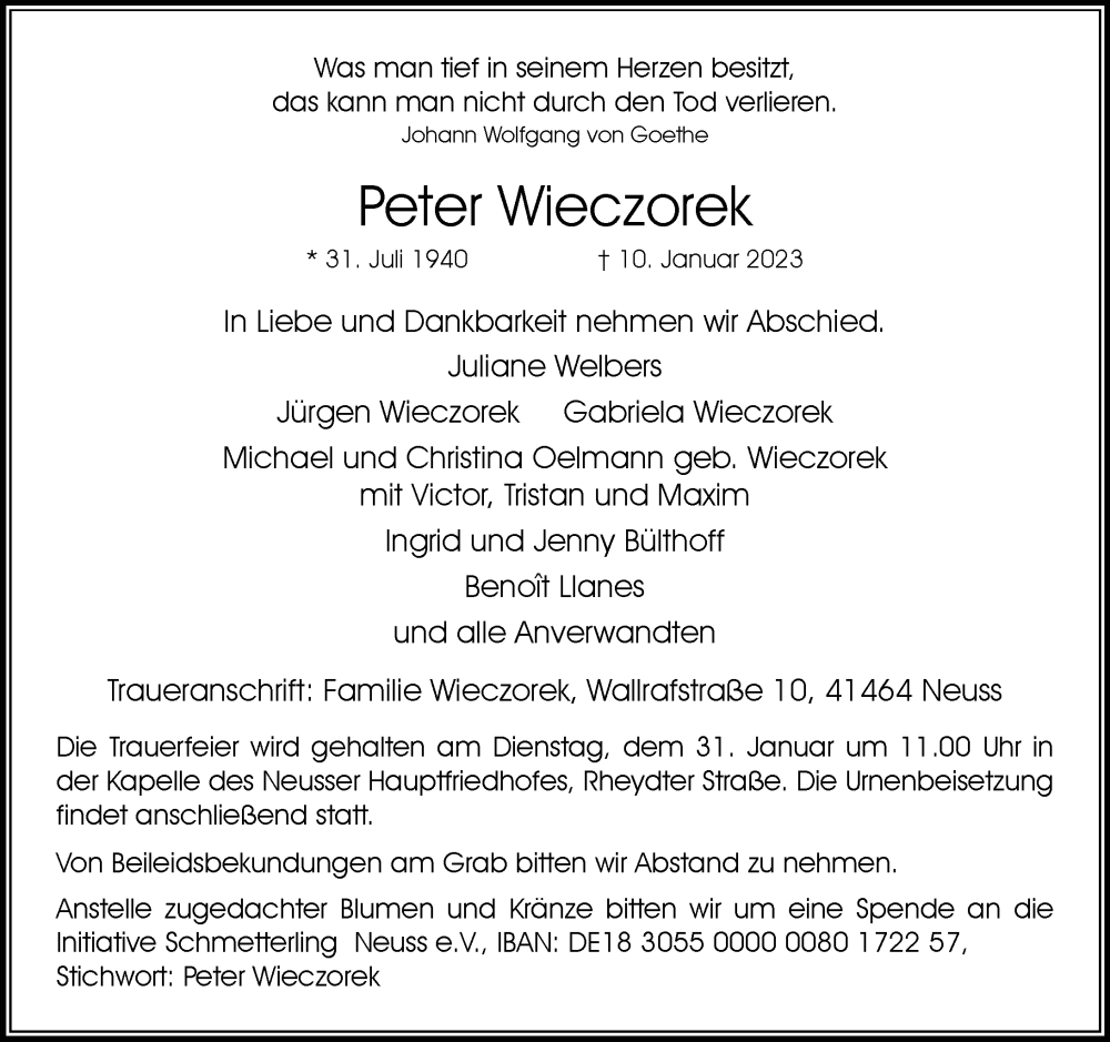  Traueranzeige für Peter Wieczorek vom 21.01.2023 aus Rheinische Post
