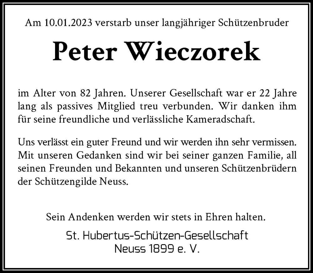  Traueranzeige für Peter Wieczorek vom 28.01.2023 aus Rheinische Post