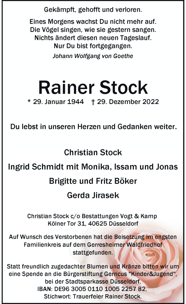  Traueranzeige für Rainer Stock vom 21.01.2023 aus Rheinische Post