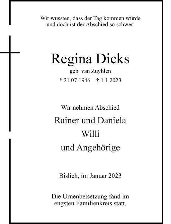 Traueranzeige von Regina Dicks von Rheinische Post