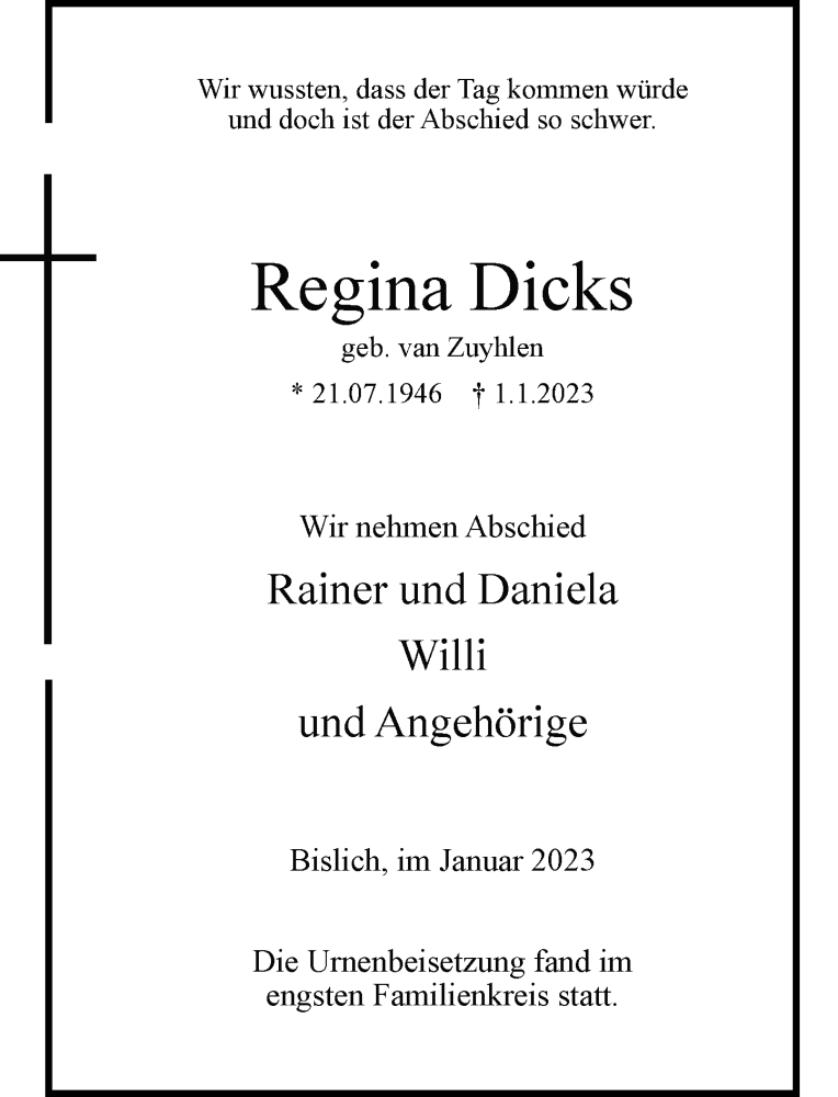  Traueranzeige für Regina Dicks vom 28.01.2023 aus Rheinische Post