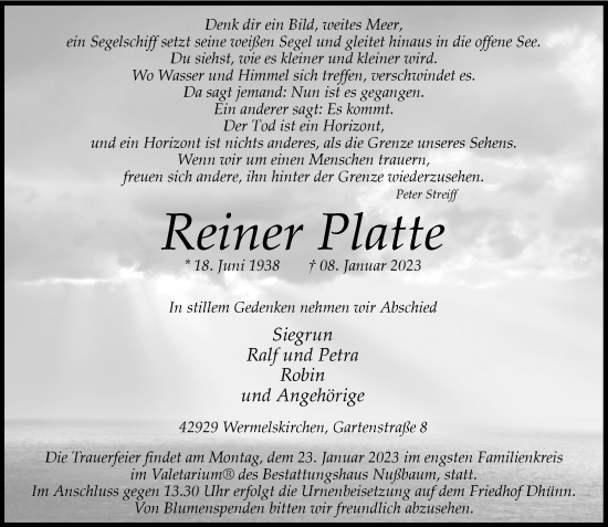 Traueranzeige von Reiner Platte von Rheinische Post