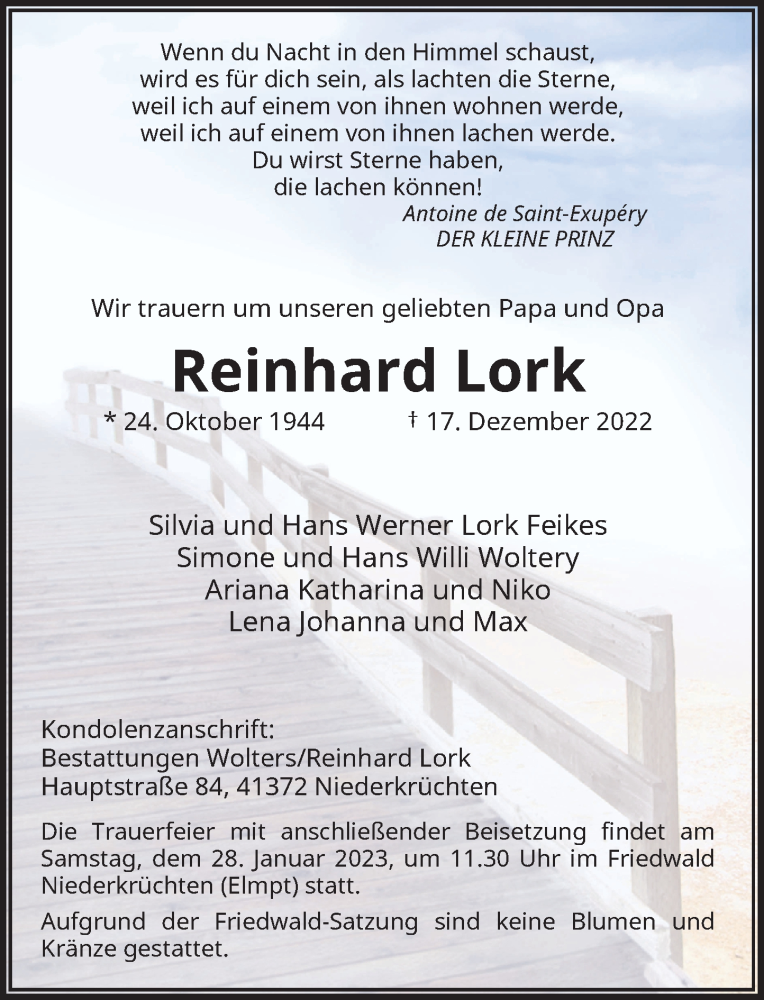  Traueranzeige für Reinhard Lork vom 14.01.2023 aus Rheinische Post