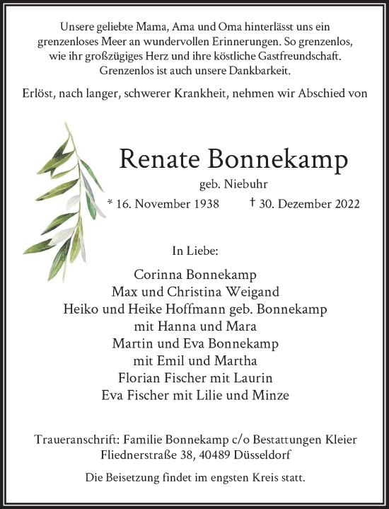 Traueranzeige von Renate Bonnekamp von Rheinische Post