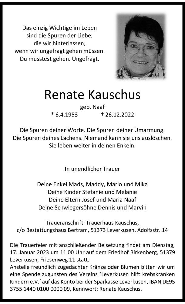  Traueranzeige für Renate Kauschus vom 11.01.2023 aus Rheinische Post